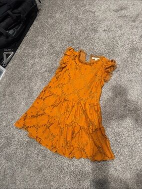 Flutter Sleeve Tiered Floral Lace Dress in Mustard Orange